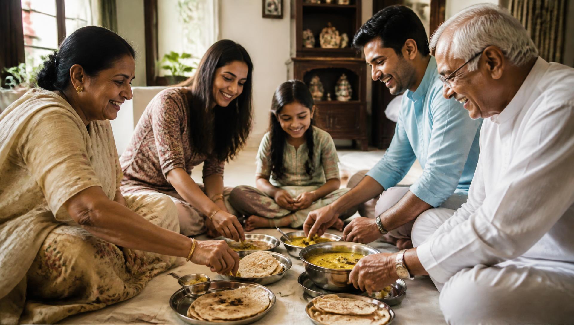 An Indian family sharing a home-cooked meal of rotis together